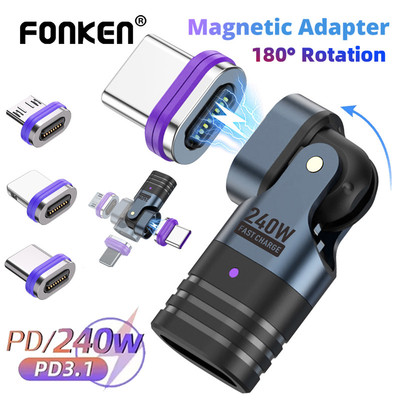 Bộ chuyển đổi từ tính Fonken PD240W USB C sang 16Pin Type-C Micro USB iOS Male 180° Bộ chuyển đổi dữ liệu xoay