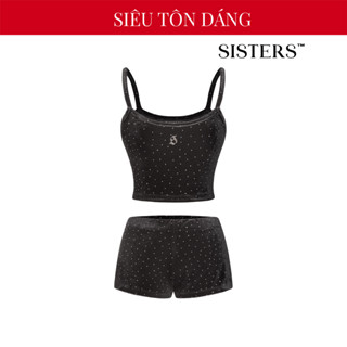 Set đồ nữ áo hai dây quần đùi thun nhung SISTERS hoạ tiết kim sa đính đá lấp lánh màu đen gợi cảm Bunny | SS-S52