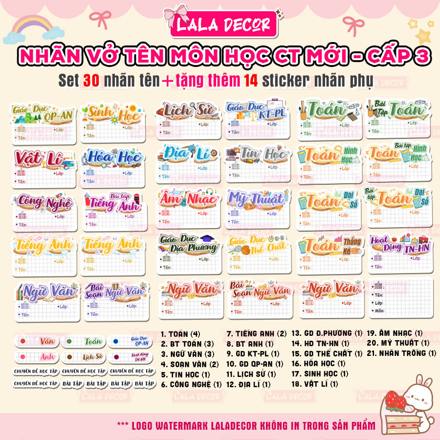 Bộ 30 Nhãn Vở Môn Học Thiết Kế Kèm Sticker tặng Chương Trình Mới Cấp 3 🎀 Năm Học 2025-2026 - Nhãn Tậ