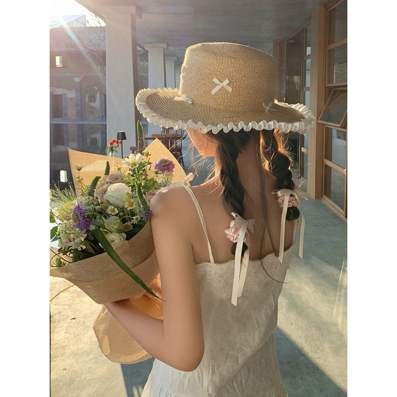 Mũ Rơm Viền Ren Nơ Cho Nữ Mũ Đi Biển Mũ Chống Nắng Mũ Che Nắng Vành Lớn Cho Nữ Xinh Xắn
