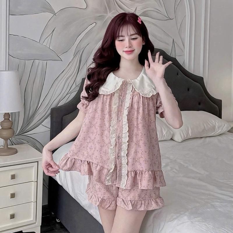 Bộ mặc Nhà Cổ Sen trắng phối ren Đùi hoạ tiết hoa dây chất Vân mây xinh xắn cho Nữ CC80 Sammy | BigBuy360 - bigbuy360.vn