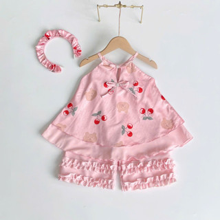 Set Áo Cổ Yếm Cherry Quần Viền Bèo Kèm Cài Cho Bé Gái Sơ Sinh 1 2 3 4 5 Tuổi MINTSCLOSET - GA2399