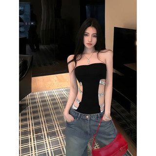 Bộ áo liền quần không dây y2k dành cho nữ mùa hè với eo lộ và chữ rỗng dát kim cương