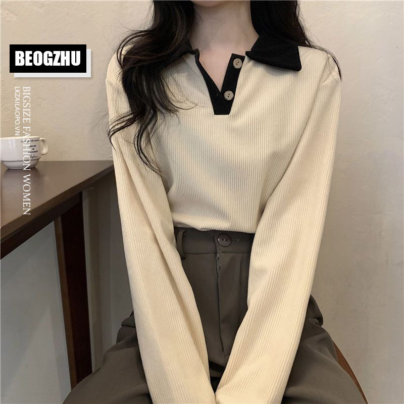 Áo Polo Nữ BEOGZHU Bigsize Áo Thun Nữ Kiểu Tay Dài Form Rộng Có Cổ Mùa Xuân Phong Cách Thời Trang Hà