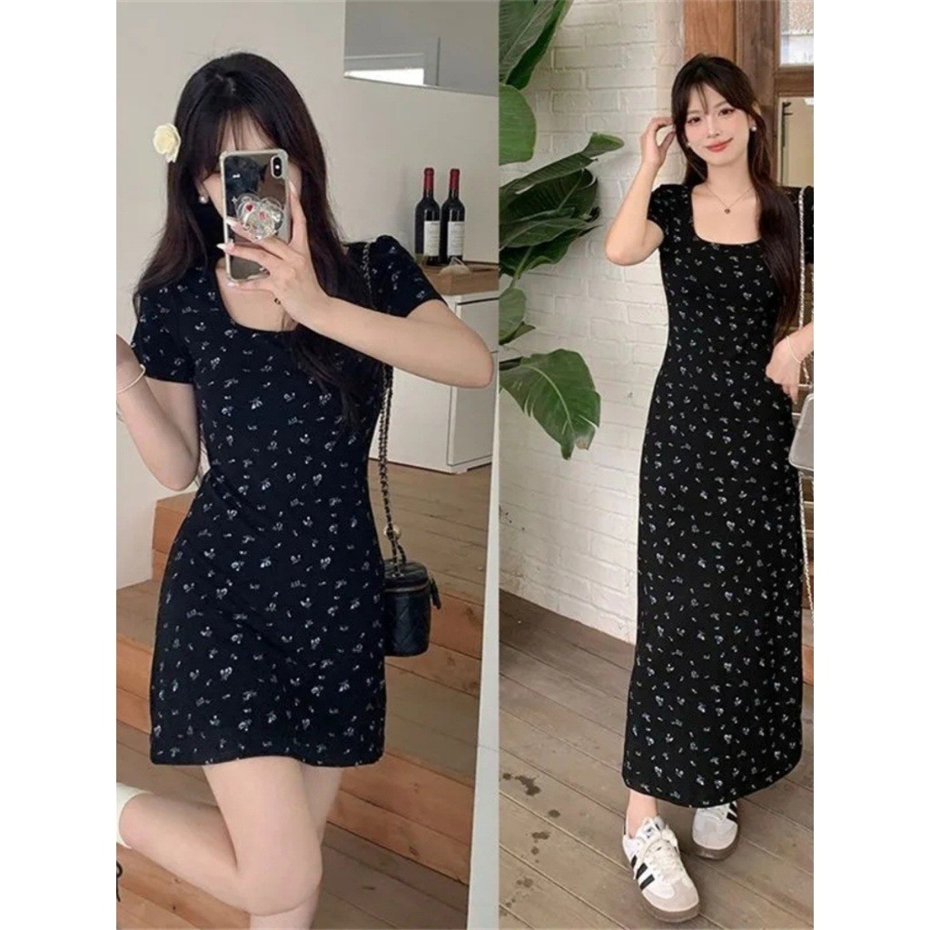 RICH-THEY Váy Đen Mùa Hè Hoa Mỏng Thanh Lịch Thời Trang Váy Ngắn Tay Mới-V201 | BigBuy360 - bigbuy360.vn