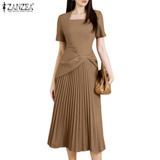 ZANZEA Nữ Thời Trang Hàn Quốc Đảng Cổ Vuông Tay Ngắn Xếp Ly Thiết Kế Xoắn Eo Cao Chữ A Đầm Thường Ngày