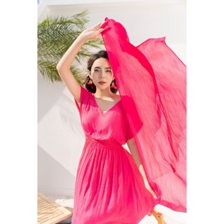 Váy nữ đi biển màu trắng, hồng dáng dài maxi cổ V chun eo Alina Dress - M152