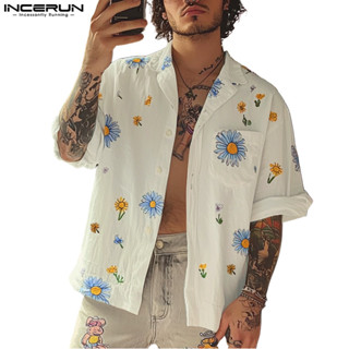 INCERUN Nam Vintage Kỳ Nghỉ Cổ Điển Ve Áo Sơ Mi Tay Ngắn In Hoa