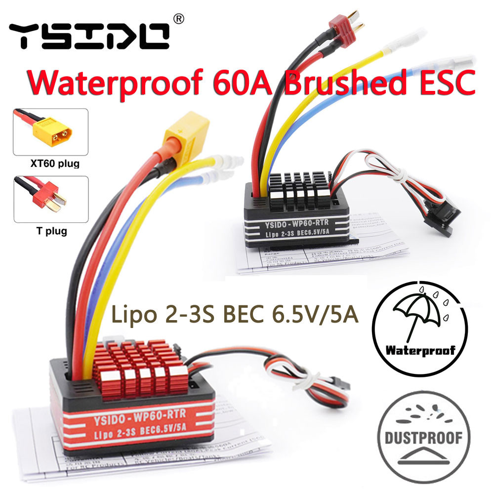 YSIDO RC Chống Nước 60A Chải ESC Bộ Điều Khiển Tốc Độ Động Cơ Lipo 2-3S BEC 6.5V 5A Cho 540 550 Xe R