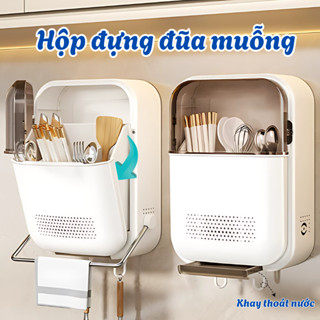 Hộp Đựng Đũa Muỗng Treo Tường Có Nắp Đậy Kèm Thanh Treo Khăn, Ống Đựng Đũa Gia Đình NÂNG CẤP 2025