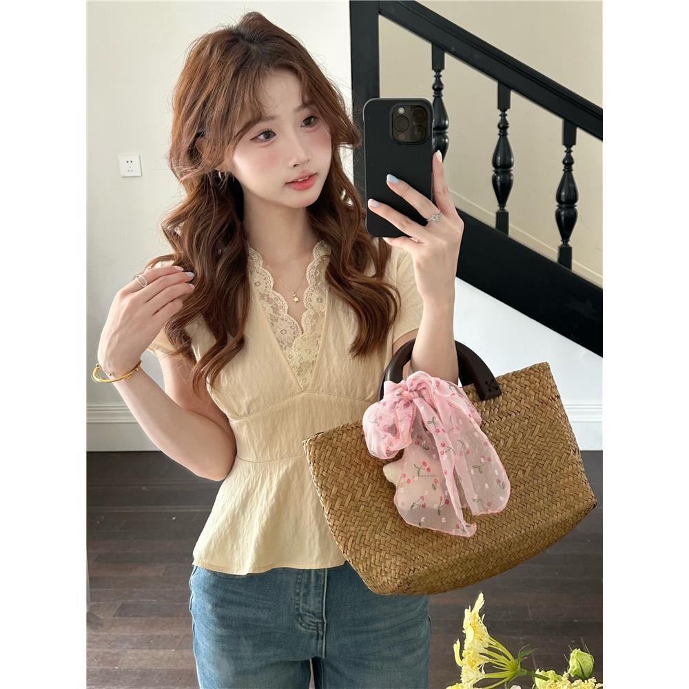 Áo Sơ Mi Ngắn Tay Cổ V Phối Ren Phong Cách Hàn Quốc Thanh Lịch Mới Mùa Hè Cho Nữ Thời Thượng | BigBuy360 - bigbuy360.vn