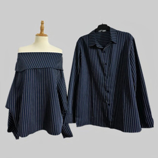 Set couple đôi sơmi nam nữ kẻ sọc trễ vai tay dài (3 màu: đen trơn, be, xanh than, đen kẻ sọc)