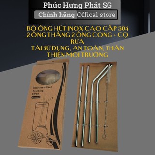 Bộ Ống Hút Inox Cao Cấp 304 – 2 Ống Thẳng 2 Ống Cong + Cọ Rửa – Tái Sử Dụng,Thân Thiện Môi Trường