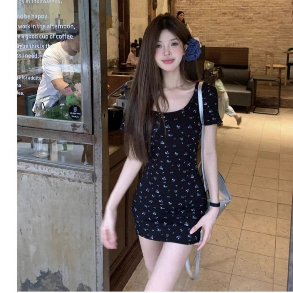 RICH-THEY Váy Đen Mùa Hè Hoa Mỏng Thanh Lịch Thời Trang Váy Ngắn Tay Mới-V201 | BigBuy360 - bigbuy360.vn