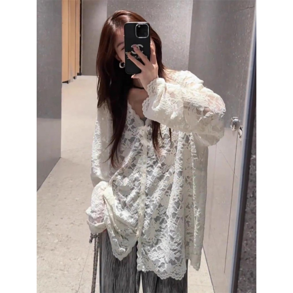 Meet-Adm Áo Sơ Mi Dài Tay Ren Dài Tay Ngọt Ngào Cay Rỗng Áo Cổ Chữ V Gợi Cảm Thời Trang Mới Mùa Hè | BigBuy360 - bigbuy360.vn