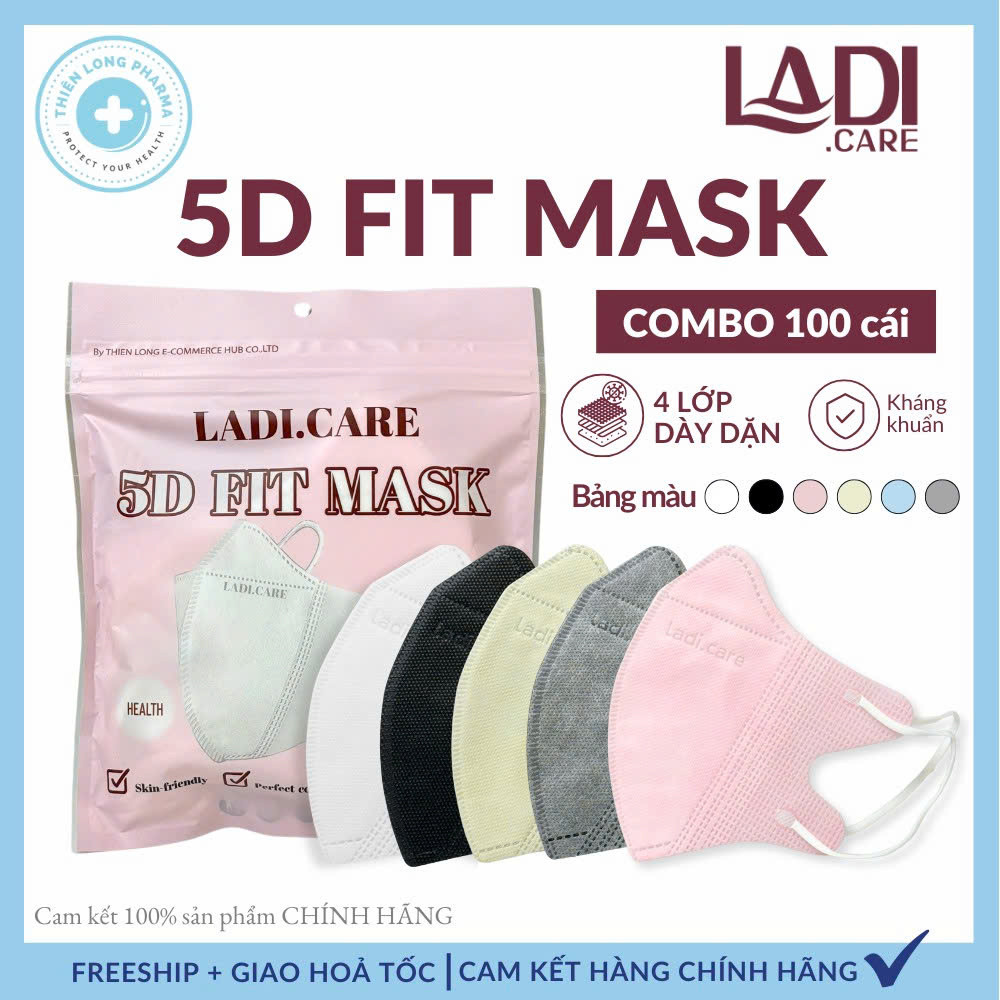 Khẩu trang 5D mask LadiCare quai thun khẩu trang y tế kháng khuẩn dày 4 lớp dày dặn