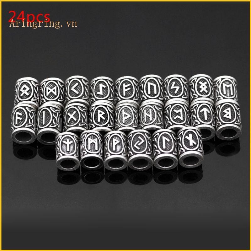 24Pcs Vintage Silver Norse Viking Rune Beads Bracelet Hair Beards Jewelry Making