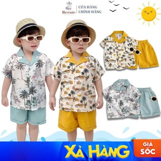 Set sơ mi đũi hàn họa tiết hoa lá đi biển cho bé trai phối quần short size 1 đến 7t BERNIE 0224B18