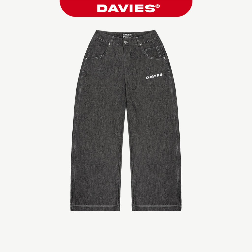 Quần jean ống rộng nam nữ DAVIES hoạ tiết thêu chữ chỉ nổi đậm chất hiphop màu đen Original Denim Pa
