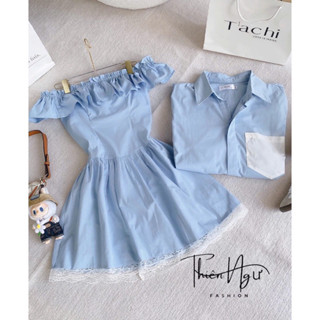 Set couple sơmi trễ vai xanh blue viền bèo và túi trắng chụp ảnh đẹp