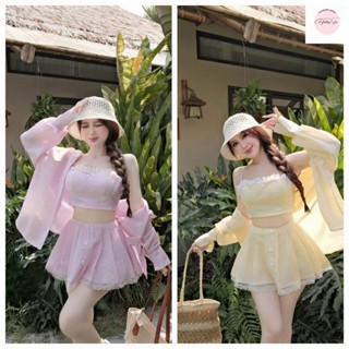 Set kate lụa kẻ áo 2 dây phối ren mix chân váy xòe ngắn + khoác sơ mi tay dài, Set váy 3 món đi biển chụp ảnh cực xinh