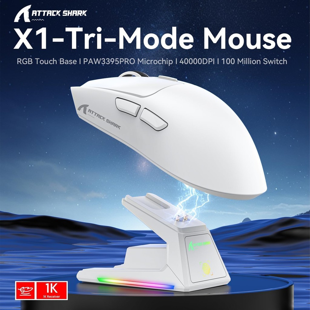 Attack Shark X1 Mouse Lightweight PAW3395 E-sports Game Three Mode Wireless Bluetooth Mouse RGB Base