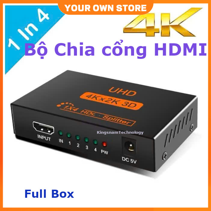 Full Box Bộ chia HDMI 4K 2K Bộ chia HDMI 2 cổng HDMI 4 cổng HDMI 1x4 1x2 kim loại cao cấp mở rộng tí