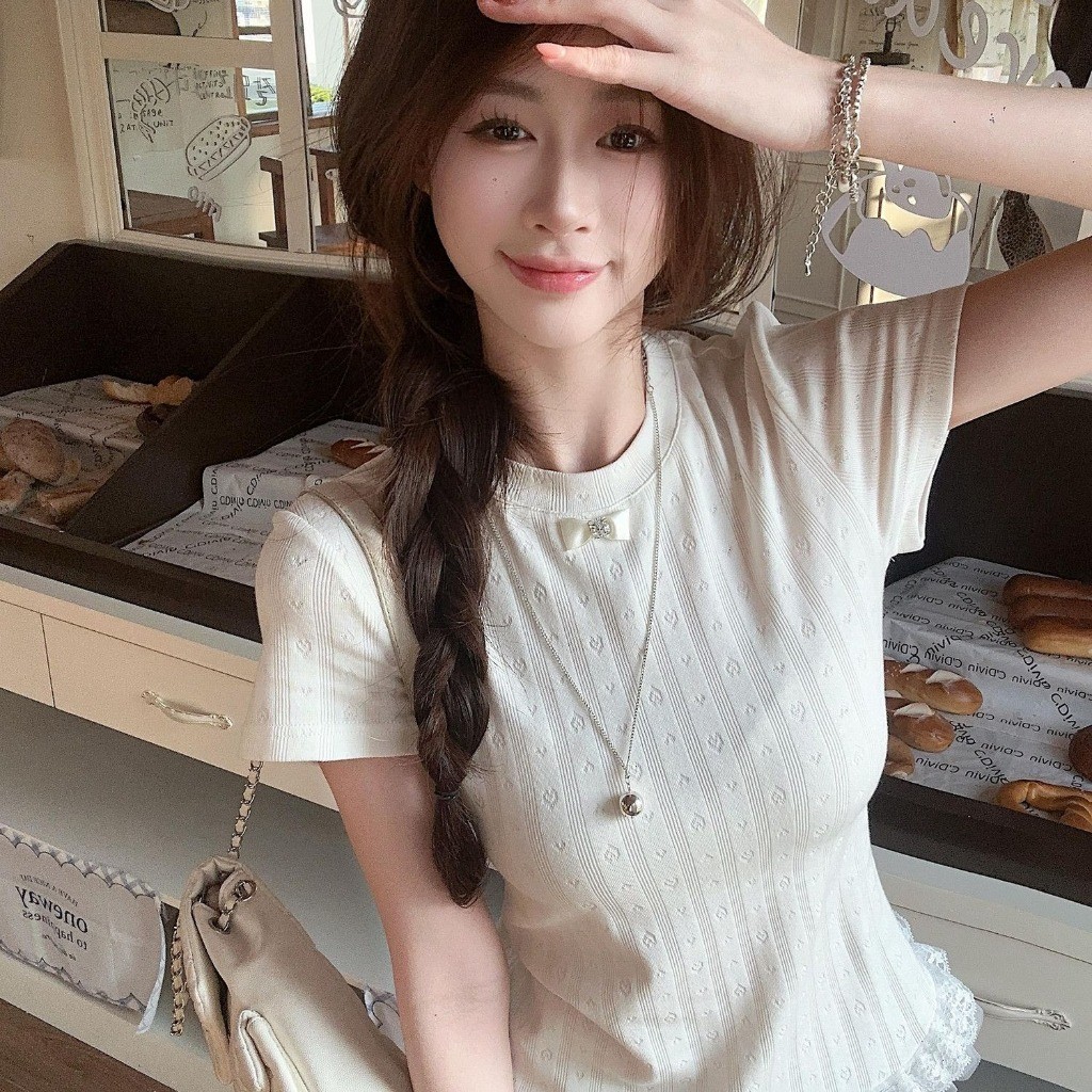 Meet-Adm Áo Thun Ngắn Tay Ren Ren Đơn Giản Jacquard Phiên Bản Hàn Quốc | BigBuy360 - bigbuy360.vn