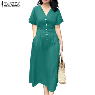 ZANZEA Váy Nữ Hàn Quốc Thời Trang Cổ Chữ V Tay Ngắn eo Cincher