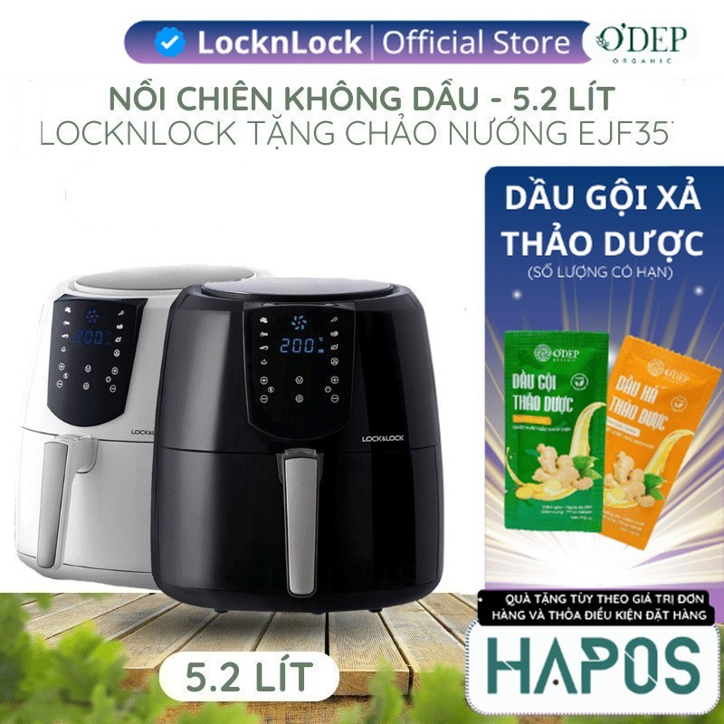 Nồi chiên không dầu điện tử 5,2L LocknLock Chính hãng, Kèm chảo nướng bánh EJF357BLK - Hapos Mall