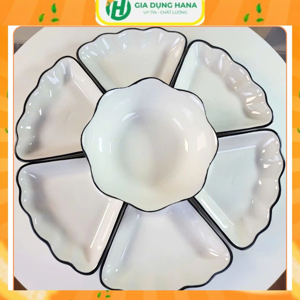 Bộ bát đĩa hoa mặt trời gốm sứ thắp hương Set đĩa bát hoa mai sứ trắng viền đen cao cấp đường kính 45cm