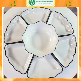 Bộ bát đĩa hoa mặt trời gốm sứ thắp hương Set đĩa bát hoa mai sứ trắng viền đen cao cấp đường kính 45cm