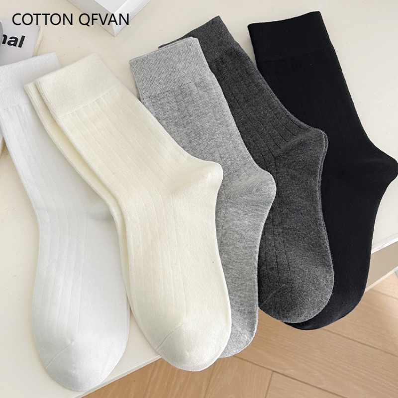 QFVAN Sợi Tre Nữ Tất Màu Trơn Co Giãn Dài Tất Thời Trang Hàn Quốc Dạo Phố Đen Trắng Xám Tất Mỏng Tho