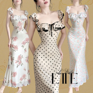   L.Studio  ETTE - Đầm dài cổ chữ U SẴN MUSH ngực nhúng bèo ren quyến rũ nữ tính. Form đuôi cá 