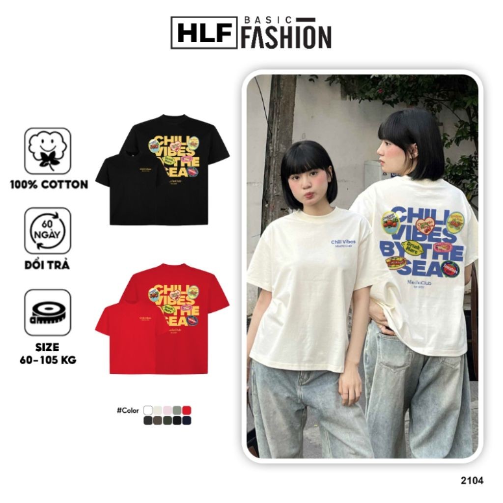Áo thun boxy chill vibes 2104 HLFashion cổ tròn vải cotton 2c 250gsm đứng form in mix