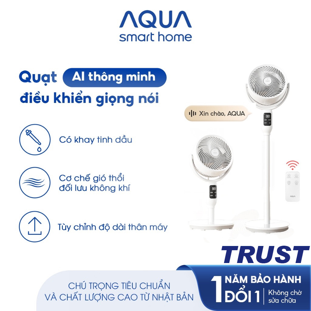 Quạt đứng Aqua ED1823T, quạt AI điều khiển giọng nói, có khay tinh dầu, hẹn giờ 12 tiếng