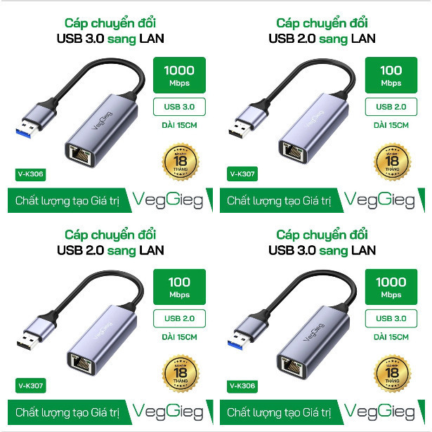 [FREESHIP] CÁP CHUYỂN USB 2.0/3.0 RA LAN 2.0 V-K307 (100mbps), 3.0 V-K306 (1G) VEGGIEG CHÍNH HÃNG