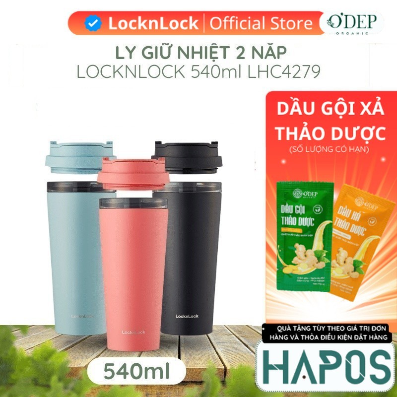 Ly giữ nhiệt LocknLock 540ml Chính hãng, có 2 nắp thay đổi, giữ nóng lạnh lâu, chống trượt LHC4279 -