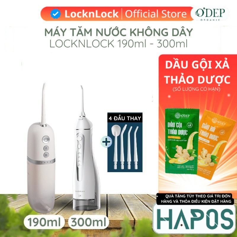 Máy tăm nước LocknLock 190ml Chính hãng, pin sạc, 3 loại đầu tăm vệ sinh răng miệng chuẩn nha khoa - HAPOS OFFICIAL
