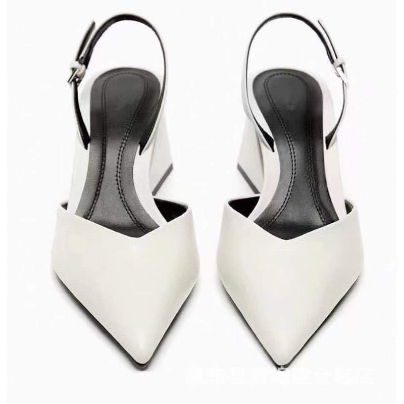 HC Giày ZR trắng mõm nhọn gót vuông FULL BOX (hàng sẵn) HC