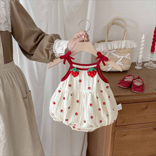 Phong Cách Hàn Quốc Quần Áo Sơ Sinh Cho Bé Body Áo Dâu In Hình Trẻ Sơ Sinh Bé Gái Dây Liền Quần 0-24 Tháng