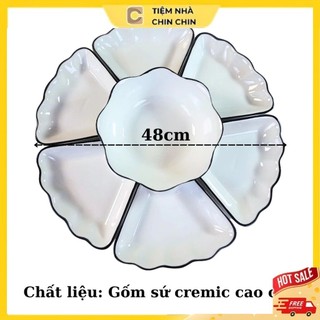  Bộ đĩa sứ hoa mặt trời gốm sứ trắng viền đen kèm bát cơm Set bát dĩa hoa mai thắp hương cao cấp 