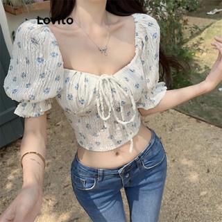 Áo kiểu Lovito họa tiết hoa nhí màu trơn phong cách thường ngày cho nữ LNE60281