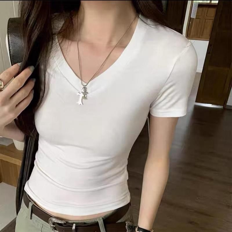 A66 Áo Thun Nữ Trơn Cổ Tim Ngắn Tay Nhiều Màu Sắc Thời Trang A66