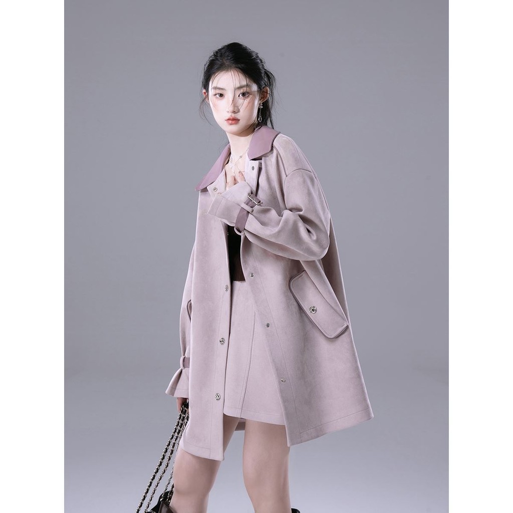 Áo Khoác Dạ Dáng Dài Da Lộn Màu Xám Hồng Hera Phù Hợp Với Chân Váy Áo Khoác Gió Dễ Phối Thời Trang M