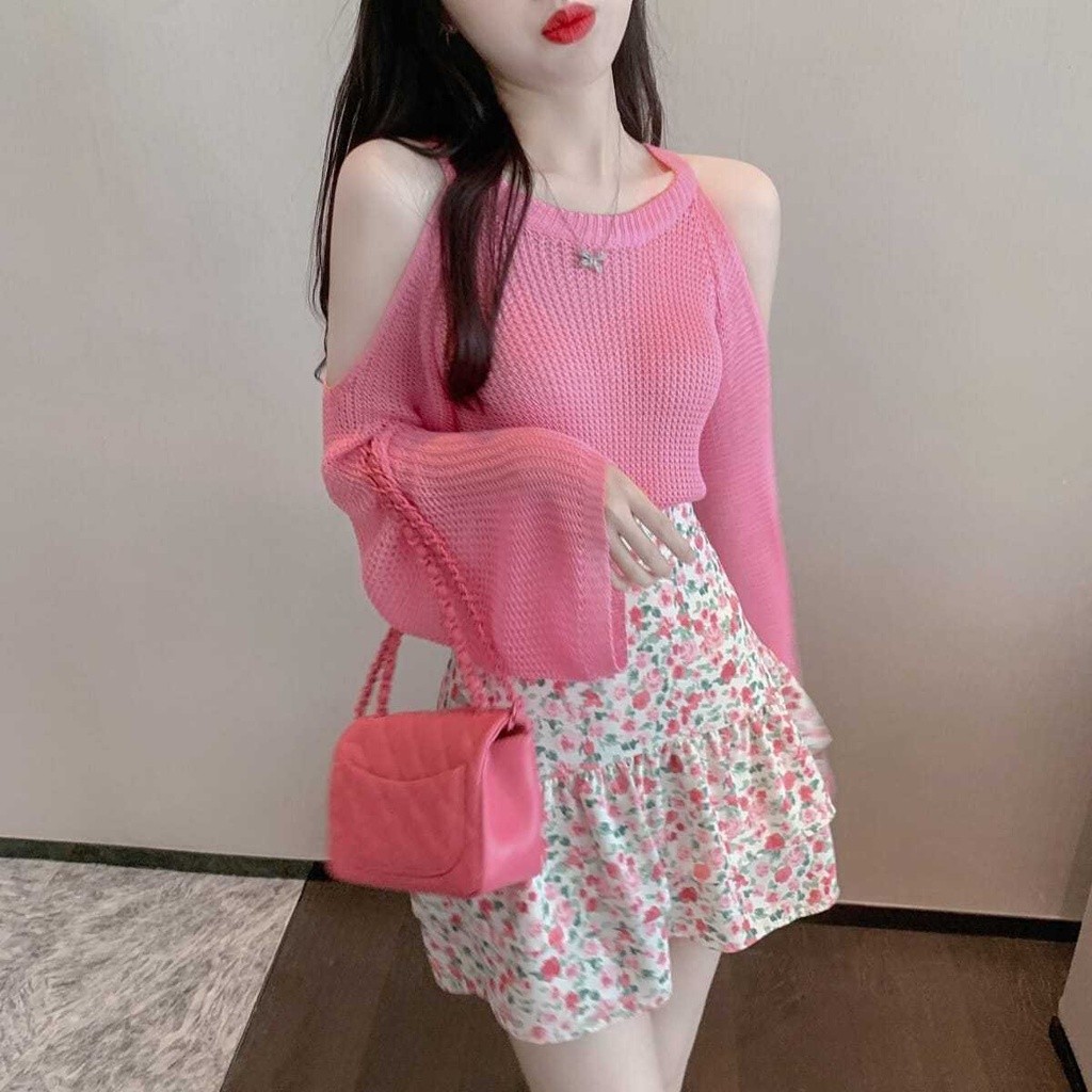 Set váy nữ Áo Len Áo Thun+Váy Bánh Hoa Nửa Người , màu hồng nổi bật dễ thương cho phái nữ