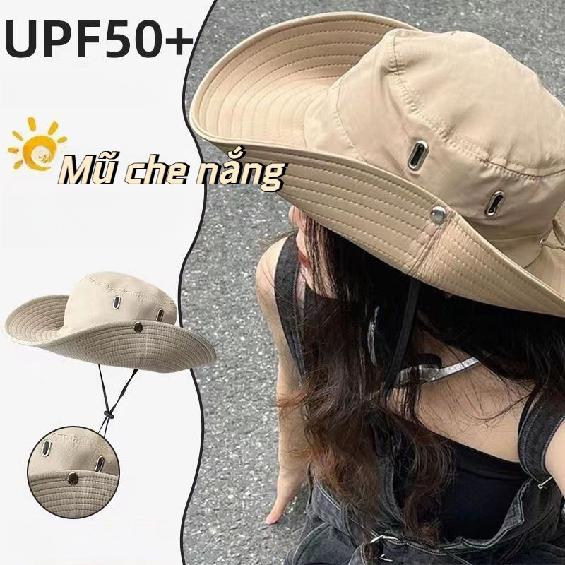 Nón Bucket Kaki Tai Bèo Vành Rộng Có Dây Rút Điều Chỉnh,Chất Vải Dù Chống Thấm Nước UPF 50+