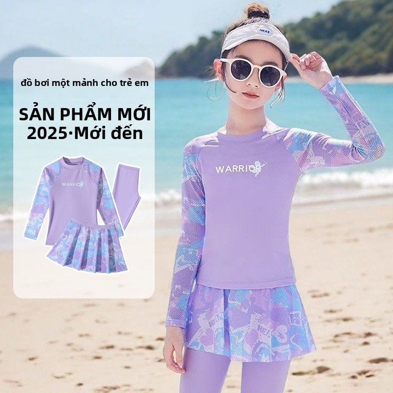 [Bộ đồ 3 món] Bộ đồ bơi bé gái cỡ vừa cỡ lớn dành cho trẻ em Quần dài tay chống nắng Bộ đồ khô nhanh