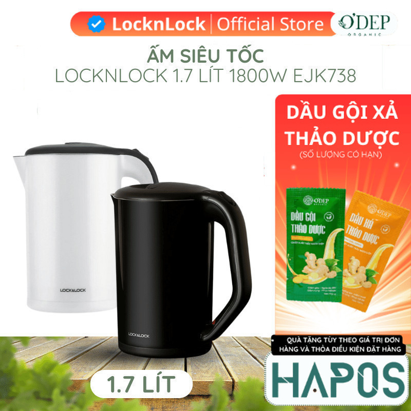 Ấm siêu tốc 1.7L 1800W LocknLock Chính Hãng đun sôi nhanh, lõi Inox chống ăn mòn EJK738BLK - BH 2 NĂ
