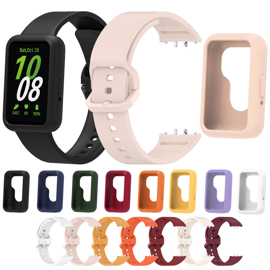 Dây đeo silicon + Ốp lưng cho Samsung Galaxy Fit3 Fit 3 SM-R390 Vỏ nhựa TPU mềm thay thế âm nhạc Đồng hồ thông minh Bảo vệ màn hình 2 trong 1 Màu sắc chắp vá Dây đeo cổ tay